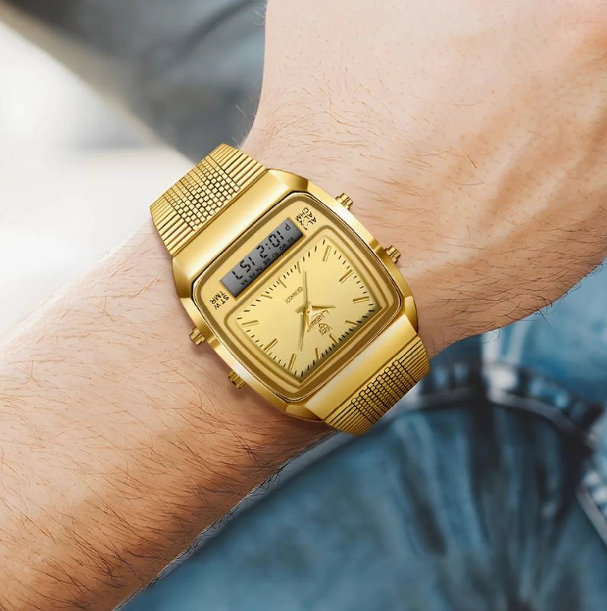 Мужские цифровые часы с двойным дисплеем, золотые