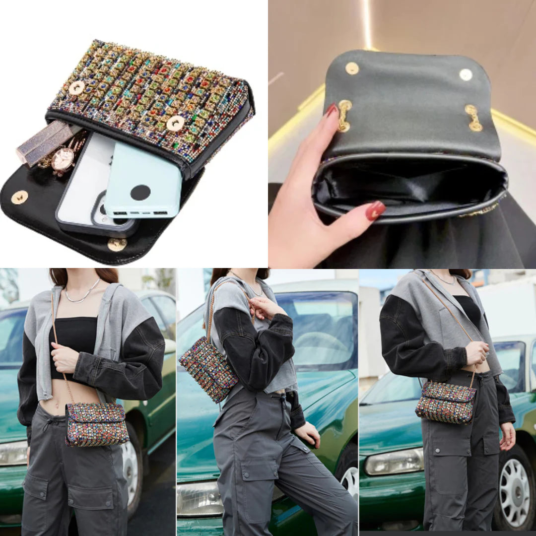 Цветная сумка через плечо украшенная стразами