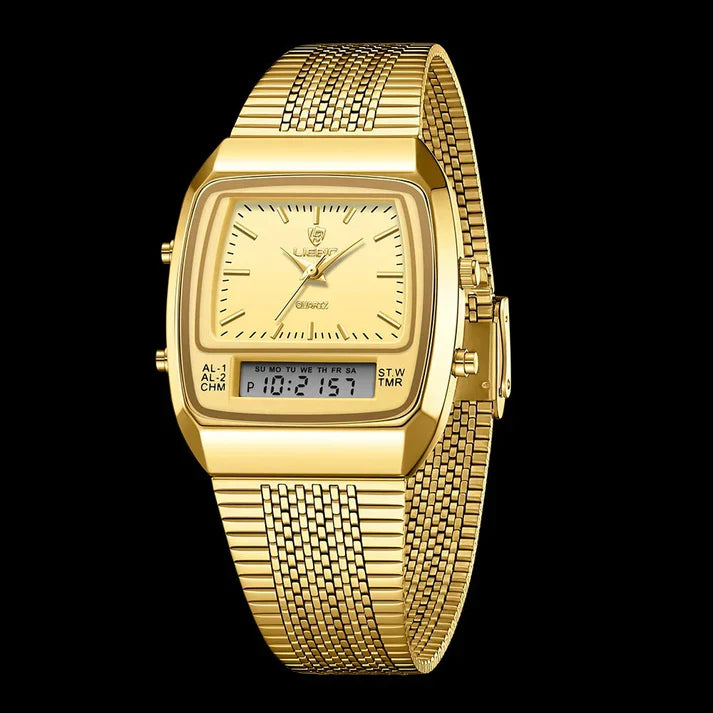 Мужские цифровые часы с двойным дисплеем, золотые