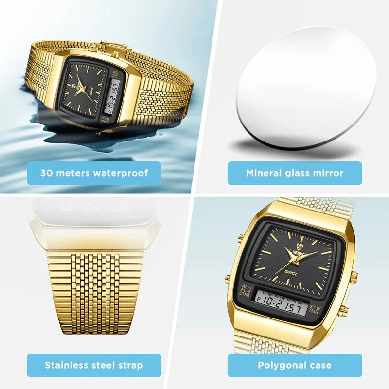 Мужские цифровые часы с двойным дисплеем, золотые